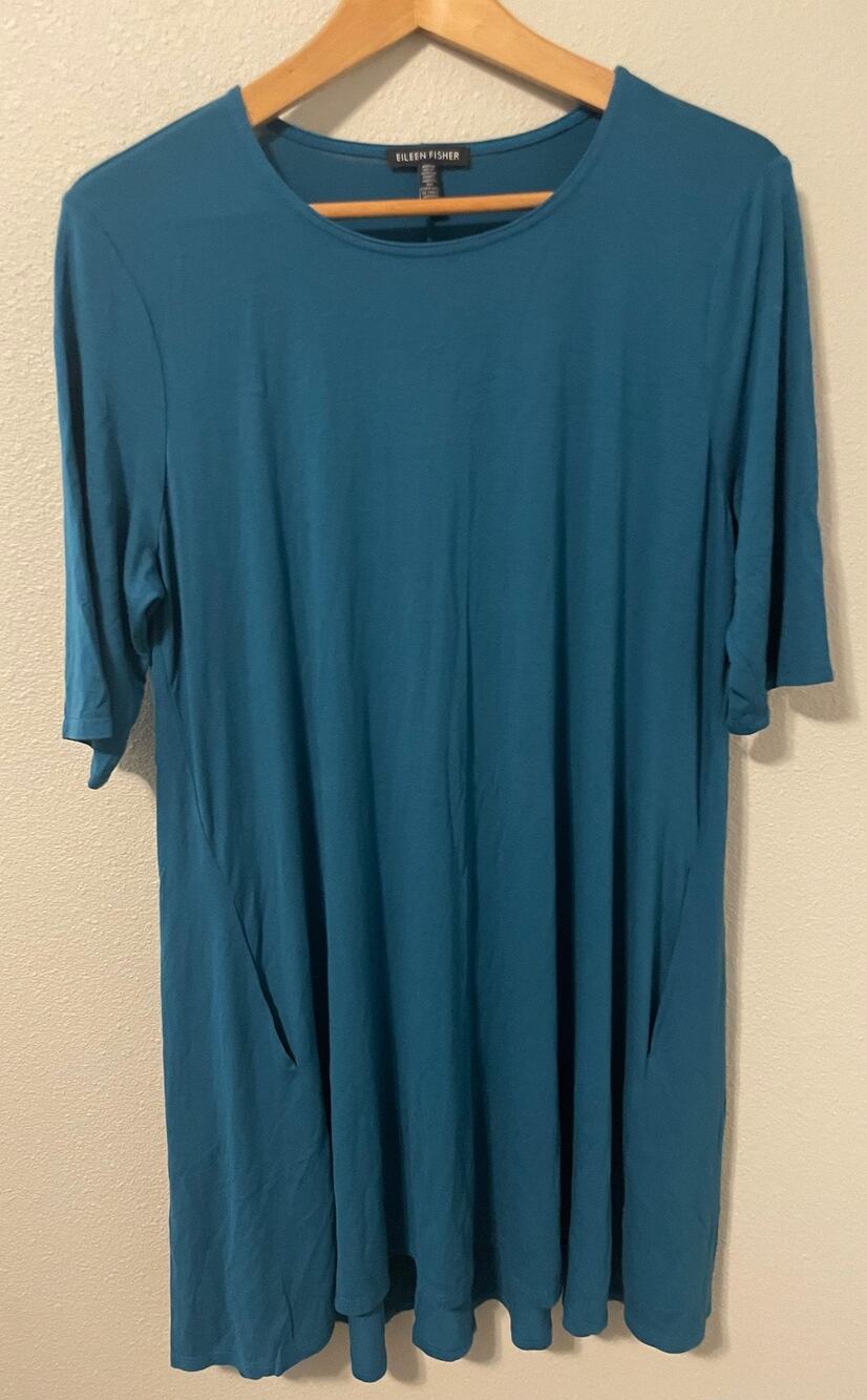Eileen Fisher Tunic Top Womens Large Blue Jersey Knit Relaxed Pockets